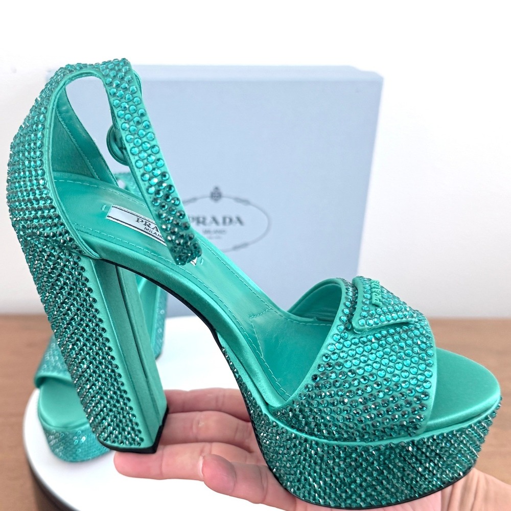 Prada Crystal‑Embellished Satin Platform Sandals Aqua Green Made in Italy. UK 39